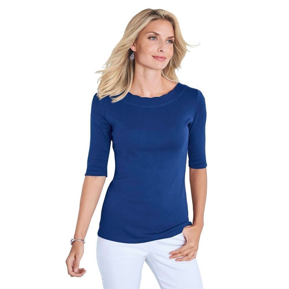 Chadwicks Rib Scalloped Elbow Sleeve Tee Azure Large